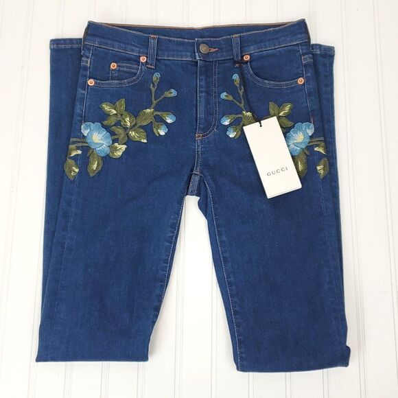 Gucci Floral Bloom Embroidered Stretch Denim Jeans in Blue I-0222a16 - Picture 3 of 16